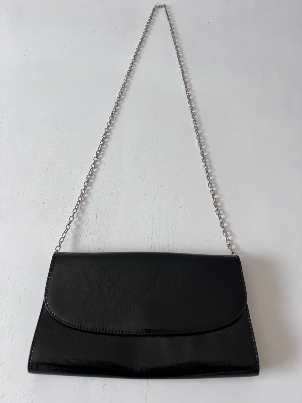 Nordstrom Black Leather Flap Clutch Evening Crossbody Bag Silver Chain - Picture 1 of 8